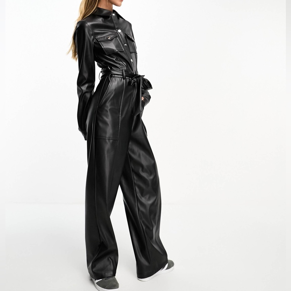 ASOS faux leather belted long sleeve utility boilersuit in black